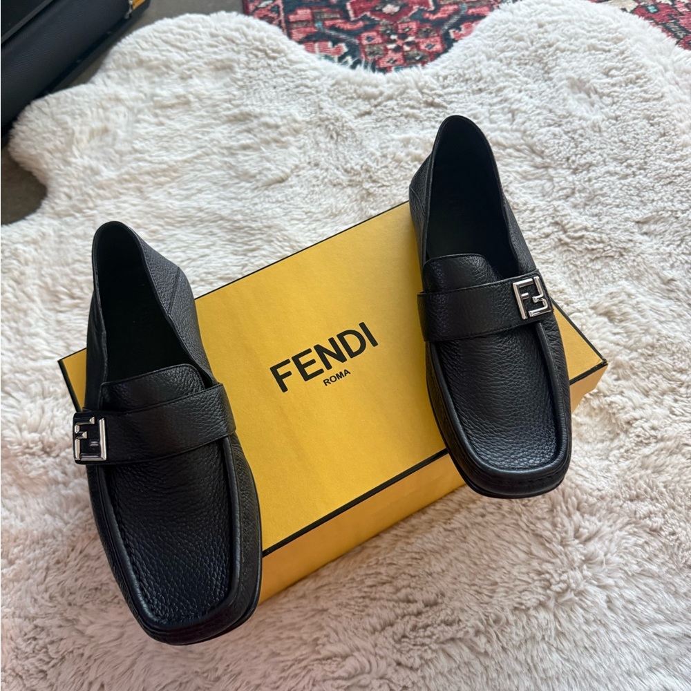 Fendi Black Leather Slip-On Loafers
